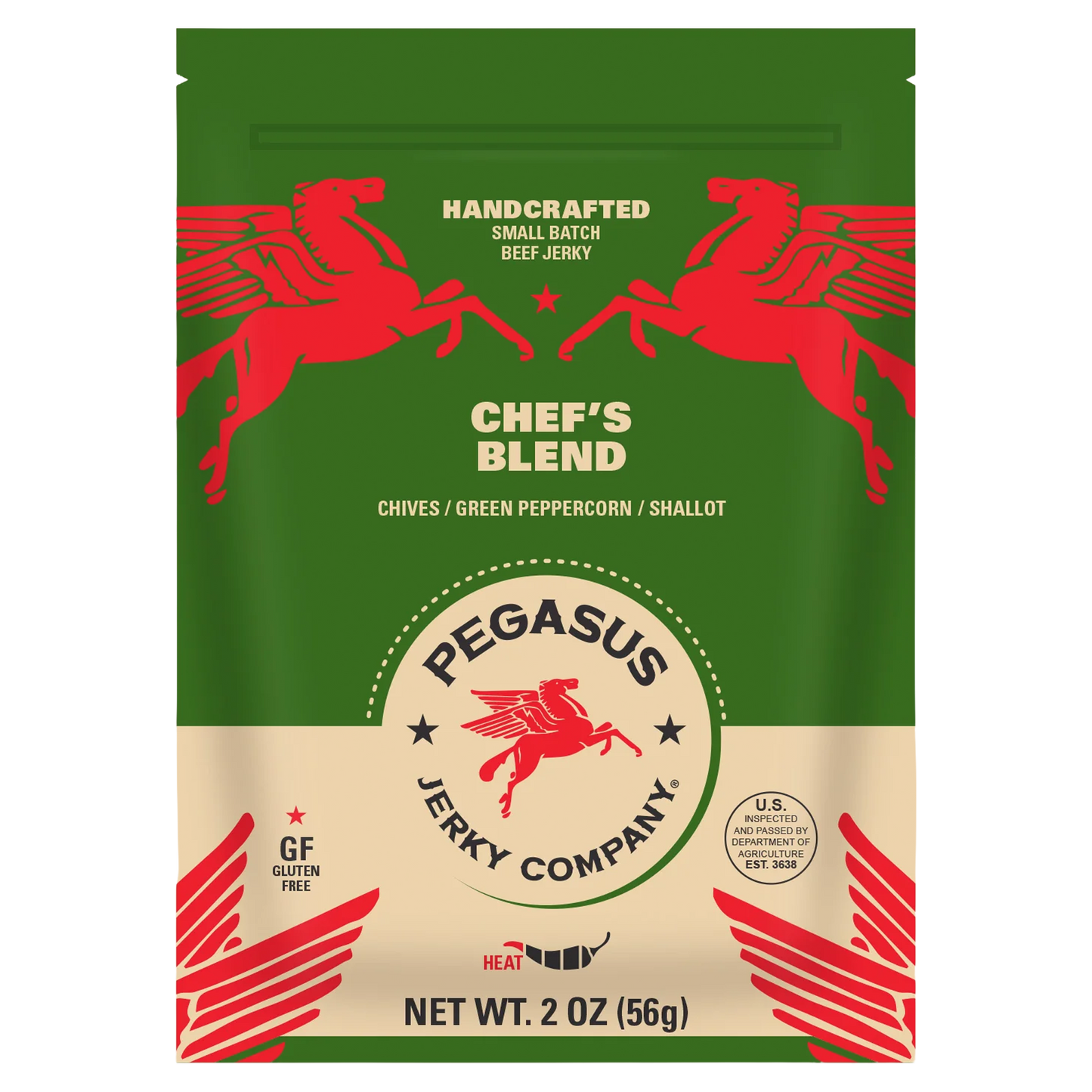 A 2 oz bag of Pegasus Jerky Company Chef's Blend beef jerky. The packaging features a dark green top half with red winged horses, a beige bottom half, and red graphic accents.