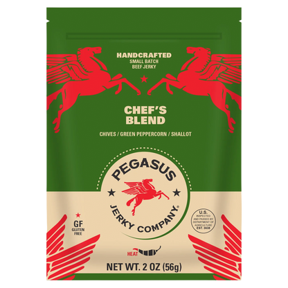 A 2 oz bag of Pegasus Jerky Company Chef's Blend beef jerky. The packaging features a dark green top half with red winged horses, a beige bottom half, and red graphic accents.
