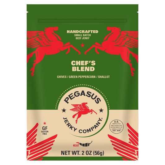 A 2 oz bag of Pegasus Jerky Company Chef's Blend beef jerky. The packaging features a dark green top half with red winged horses, a beige bottom half, and red graphic accents.