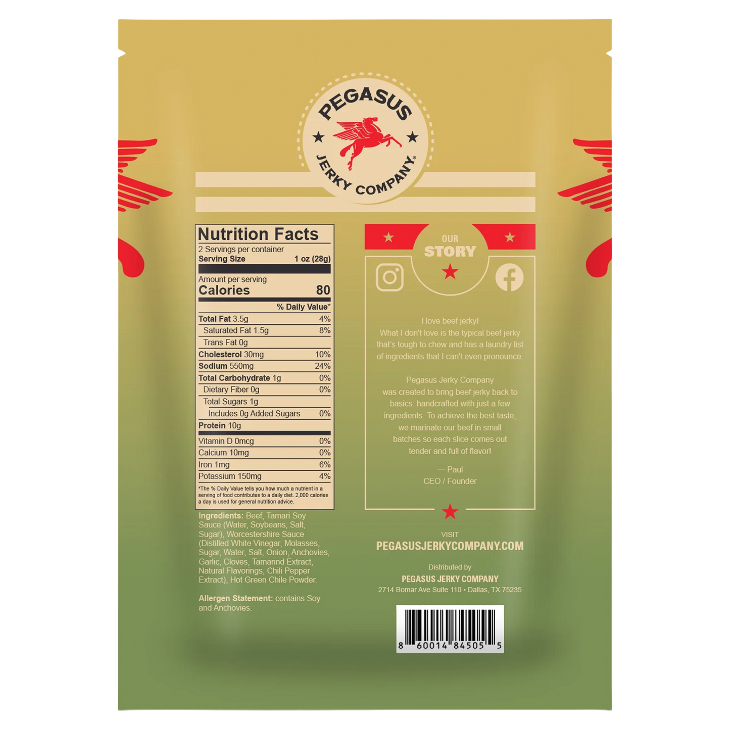 Back of a Pegasus Jerky Company
Cowboy Hatch beef  jerky bag with a tan-to-green gradient design, nutrition facts panel, ingredients, social media icons, and a barcode.