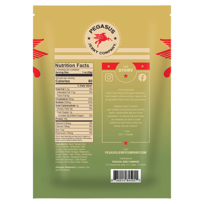 Back of a Pegasus Jerky Company
Cowboy Hatch beef  jerky bag with a tan-to-green gradient design, nutrition facts panel, ingredients, social media icons, and a barcode.