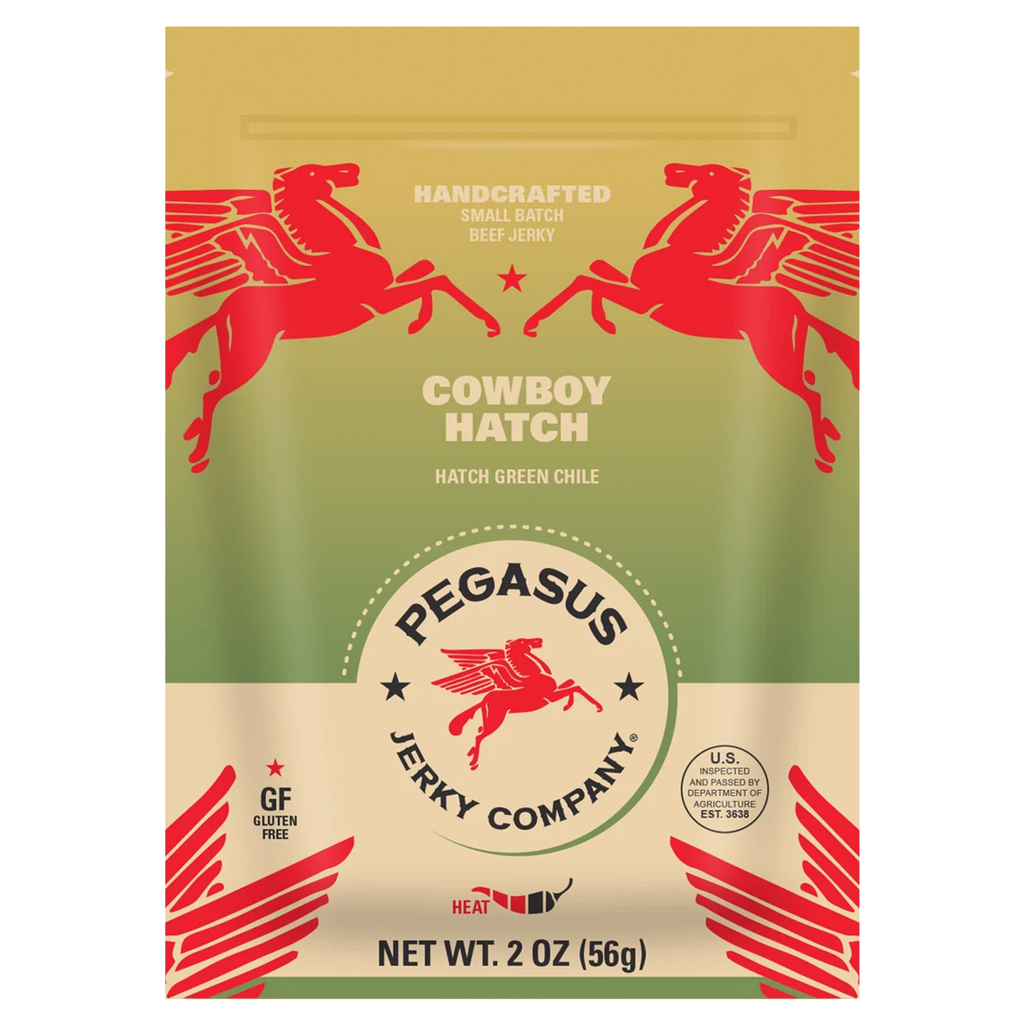 A 2 oz bag of Pegasus Jerky Company's Cowboy Hatch Hatch Green Chile jerky. The packaging features a gold and olive green background with red Pegasus illustrations and white text.