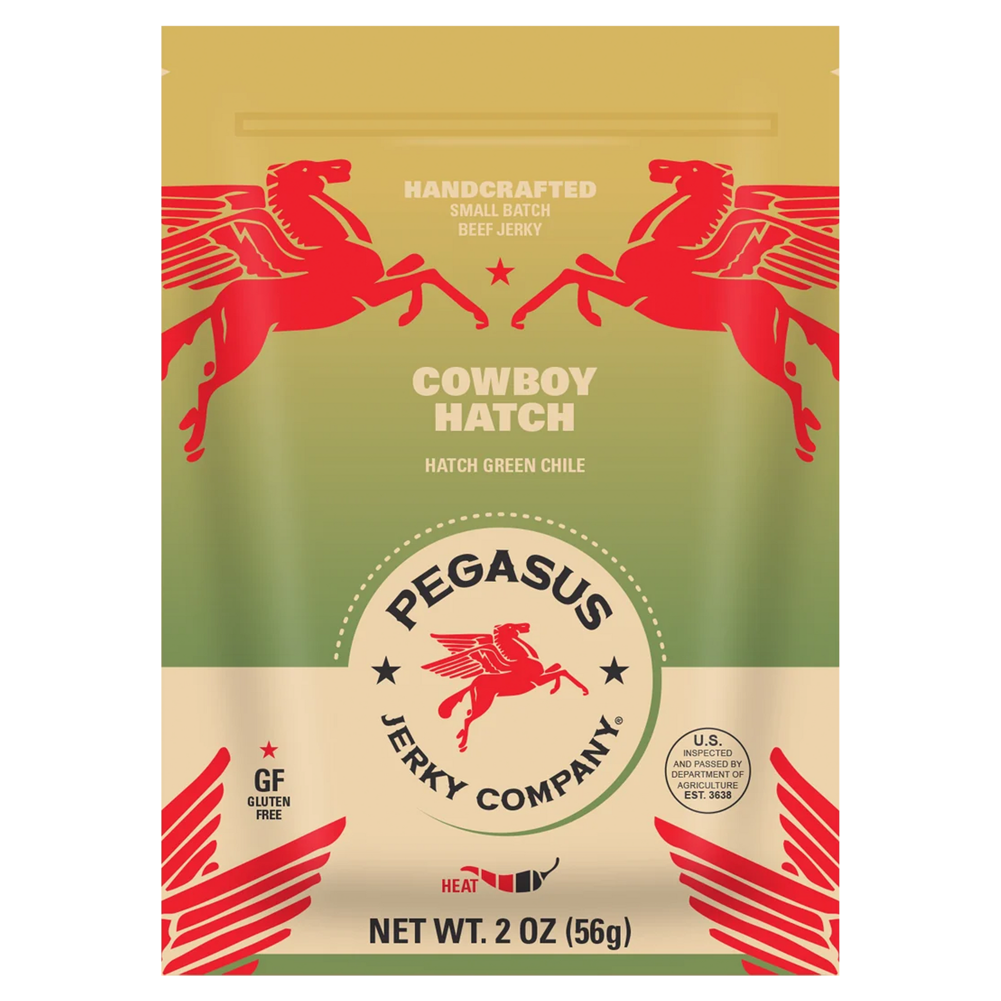 A 2 oz bag of Pegasus Jerky Company's Cowboy Hatch Hatch Green Chile jerky. The packaging features a gold and olive green background with red Pegasus illustrations and white text.