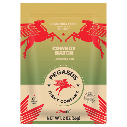 A 2 oz bag of Pegasus Jerky Company's Cowboy Hatch Hatch Green Chile jerky. The packaging features a gold and olive green background with red Pegasus illustrations and white text.