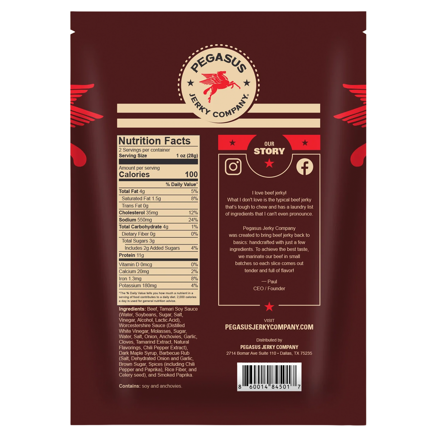 Back of a Pegasus Jerky Company Southern Reserve beef jerky package in dark red, showing nutrition facts, ingredients, social media links, and a barcode.