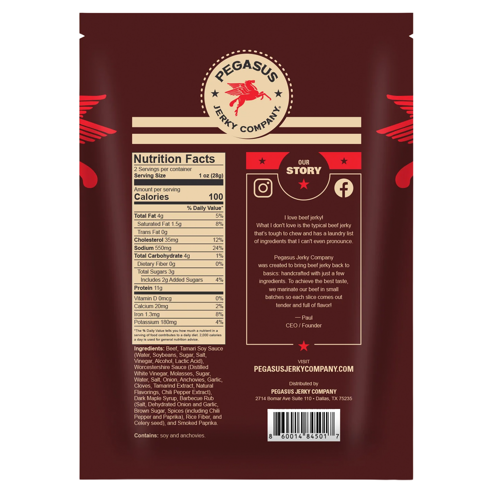 Back of a Pegasus Jerky Company Southern Reserve beef jerky package in dark red, showing nutrition facts, ingredients, social media links, and a barcode.