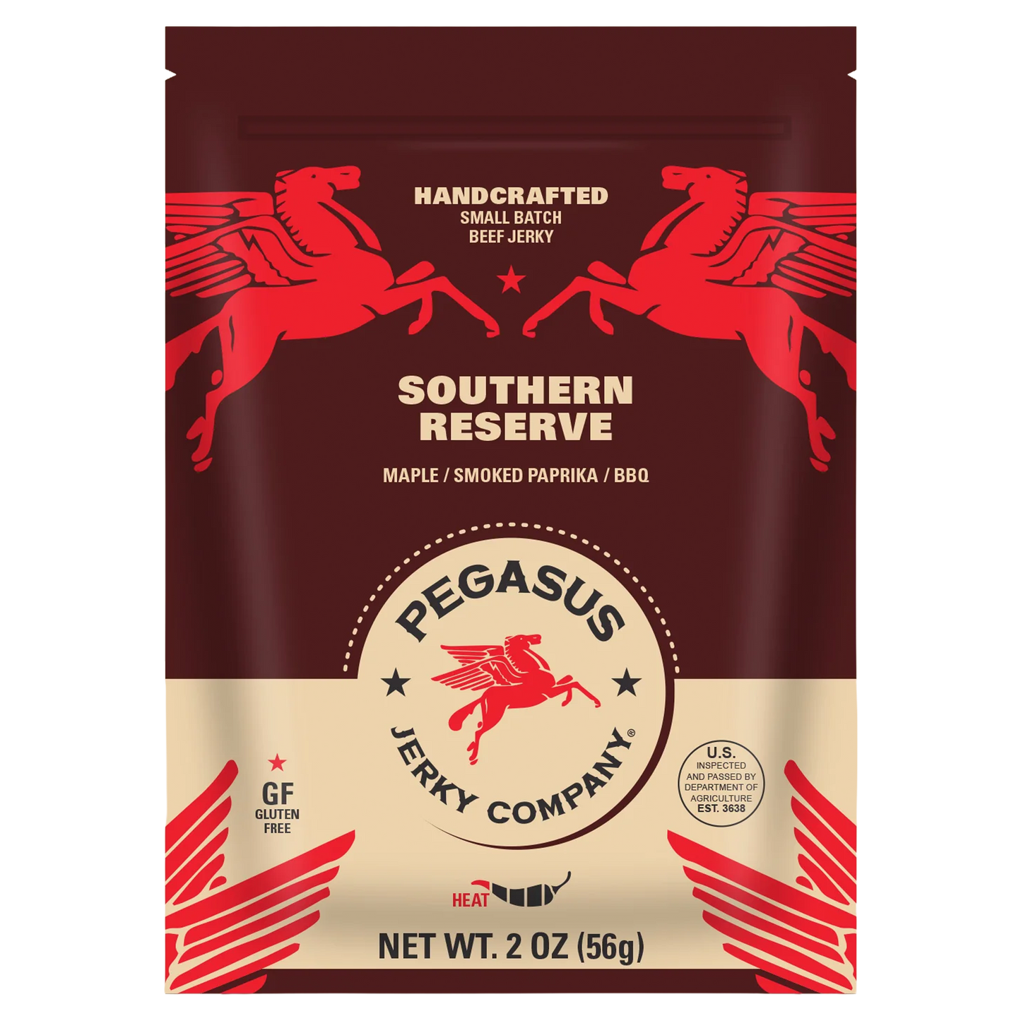 A 2 oz bag of Pegasus Jerky Company Southern Reserve beef jerky, featuring a deep red and beige design with red Pegasus illustrations.
