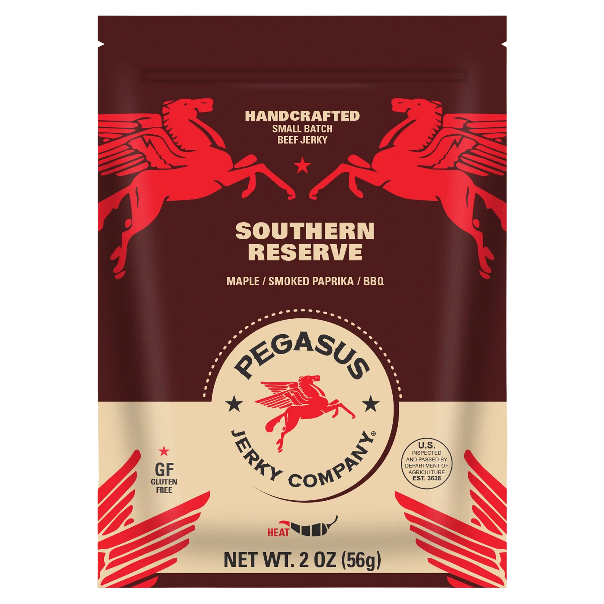 A 2 oz bag of Pegasus Jerky Company Southern Reserve beef jerky, featuring a deep red and beige design with red Pegasus illustrations.