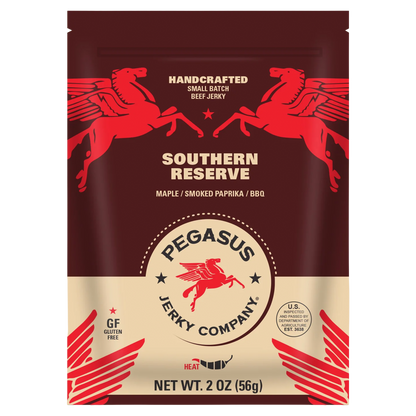 A 2 oz bag of Pegasus Jerky Company Southern Reserve beef jerky, featuring a deep red and beige design with red Pegasus illustrations.