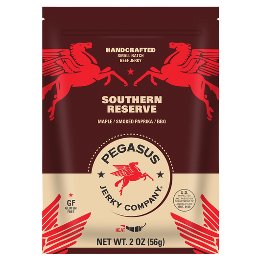 A 2 oz bag of Pegasus Jerky Company Southern Reserve beef jerky, featuring a deep red and beige design with red Pegasus illustrations.