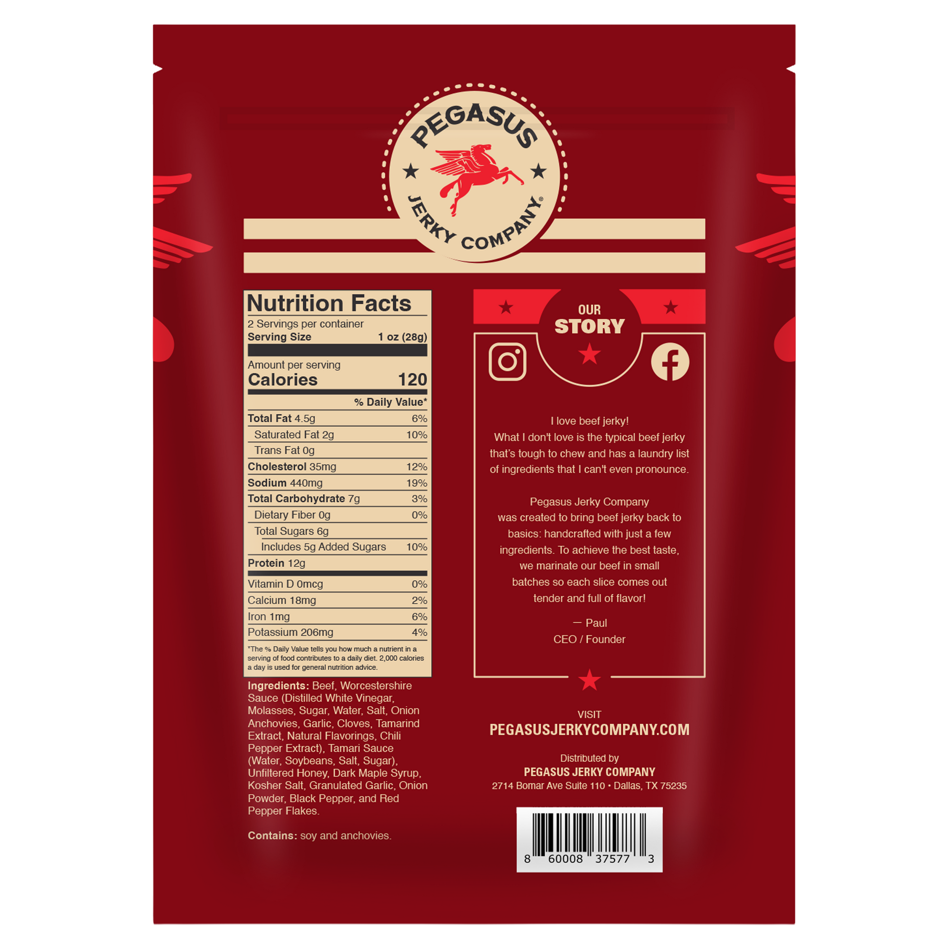 Back of a Pegasus Jelly Company Sweet & Savory beef jerky pouch in dark red, showing the nutrition facts panel, ingredients, and a 'Our Story' section with social media icons and a barcode.