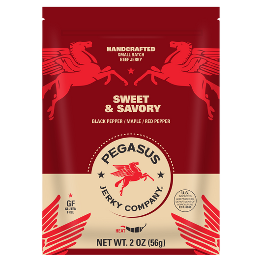 A 2 oz bag of Pegasus Jerky Company Sweet & Savory beef jerky, featuring a deep red and beige design with red winged horse illustrations and the Pegasus logo.