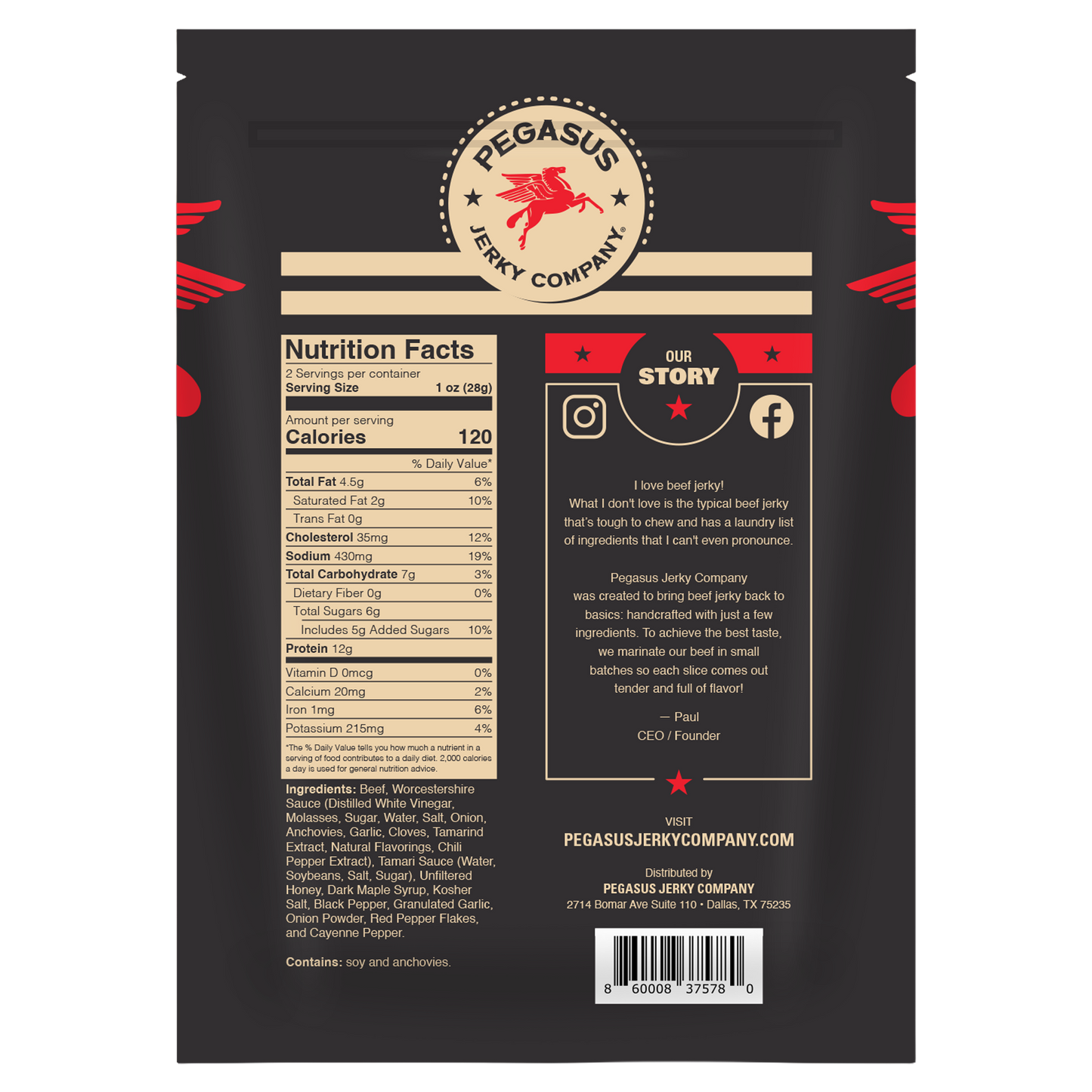 Back of a Pegasus Jerky Company Texas Pepper beef jerky package in a matte black bag, showing the nutrition facts panel, ingredients list, social media icons, and a branded 'Our Story' text section with a barcode at the bottom.