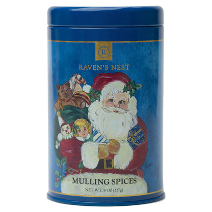Holiday Gift Tin of Raven's Nest Mulling Spices featuring Santa carrying toys