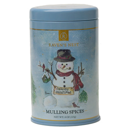 Holiday Gift Tin of Raven's Nest Mulling Spices featuring a Snowman that says Seasons Greetings 