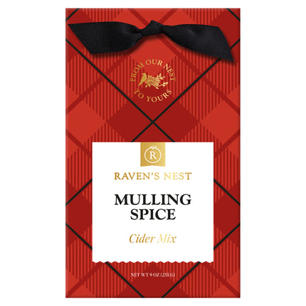 A package of "Raven's Nest Mulling Spice Cider Mix" with a red plaid design and a black ribbon tied at the top. The label in the center features the brand logo and the text "Mulling Spice" in bold, with "Cider Mix" below it. The package contains 9 ounces (255 grams) of mulling spices for making cider.