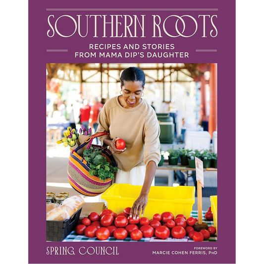 Book cover of 'Southern Roots' with a woman at a farmers market.