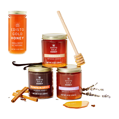 Edisto gold honey flavors stacked alongside the small batch natural honey